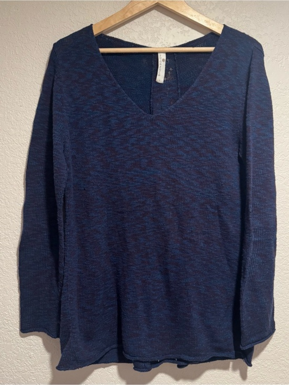 Indigenous Hand Loomed Marled Navy Blue V-Neck Knit Sweater